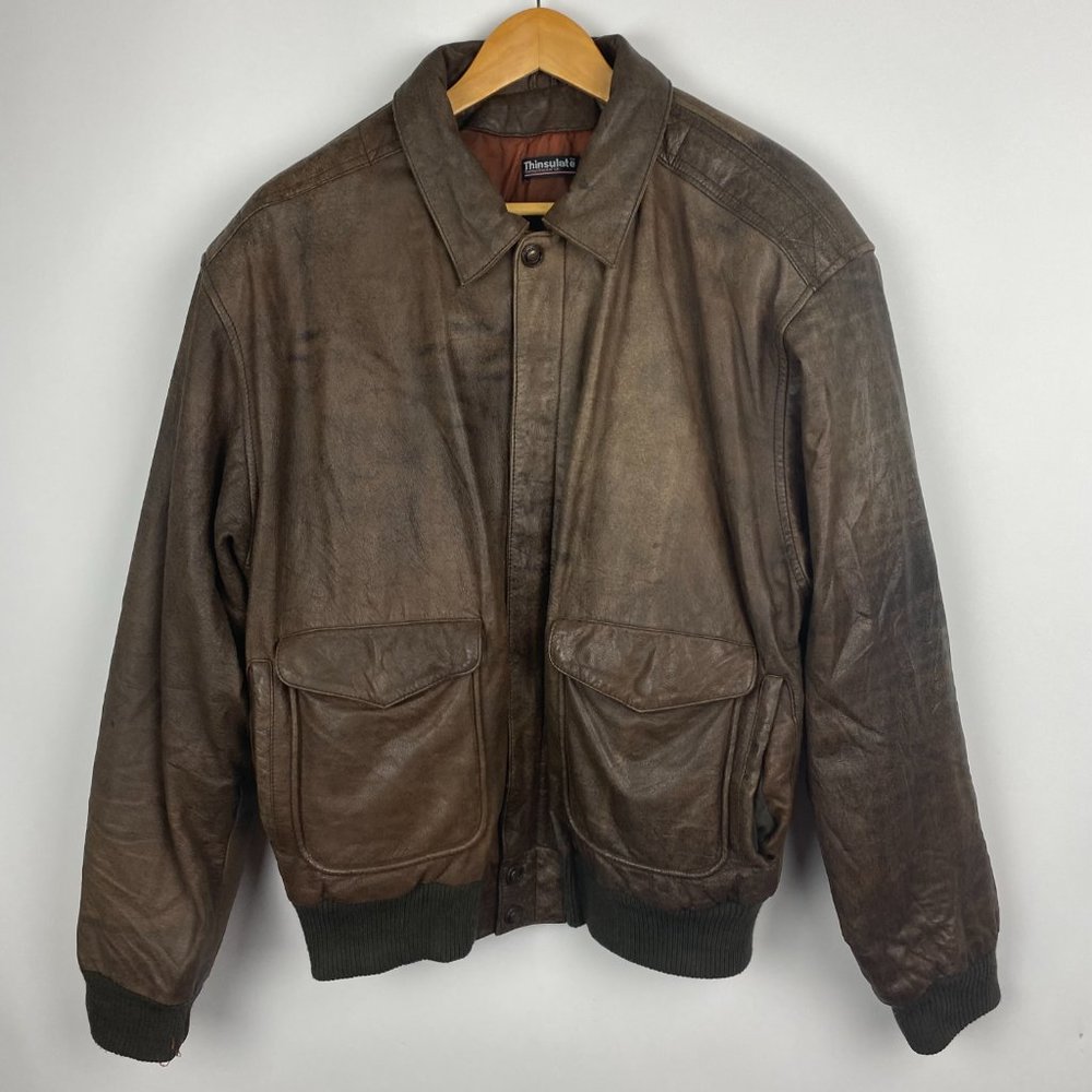 Vintage Adventure Bound Distressed Leather Bomber Jacket Men's Medium Tall